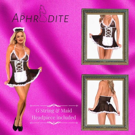 Sexy French Maid Fancy Dress Costume with G String & Head piece Role Play Outfit